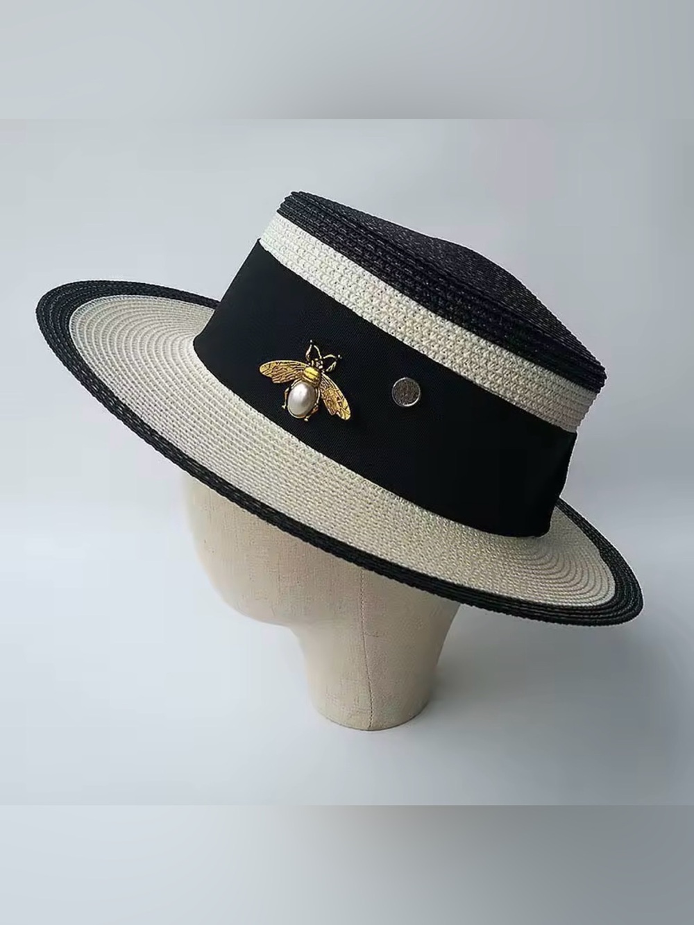 Two-Tone Black & Cream Women's Wide Brim Straw Hat with Bee Accent